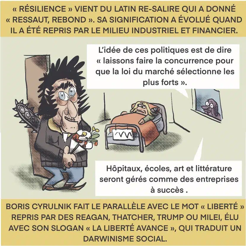 Boris Cyrulnik fait le parallèle avec le mot "liberté", repris par des Reagan, Thatcher, Trump ou Milei, élu avec son slogan "la liberté avance", qui traduit un darwinisme social